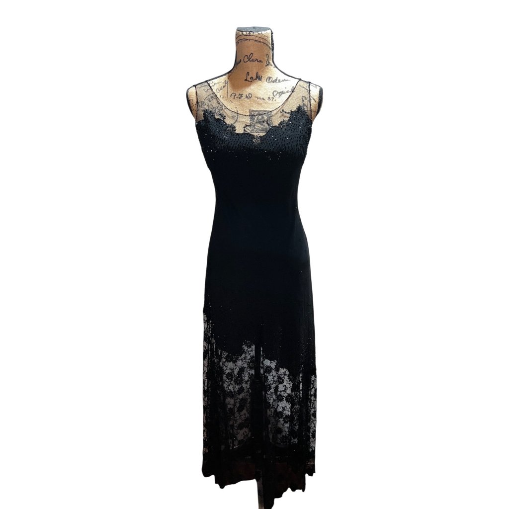 Vintage Jovani Black Beaded Lace Slip Dress W Sheer Floral Hem Size 6